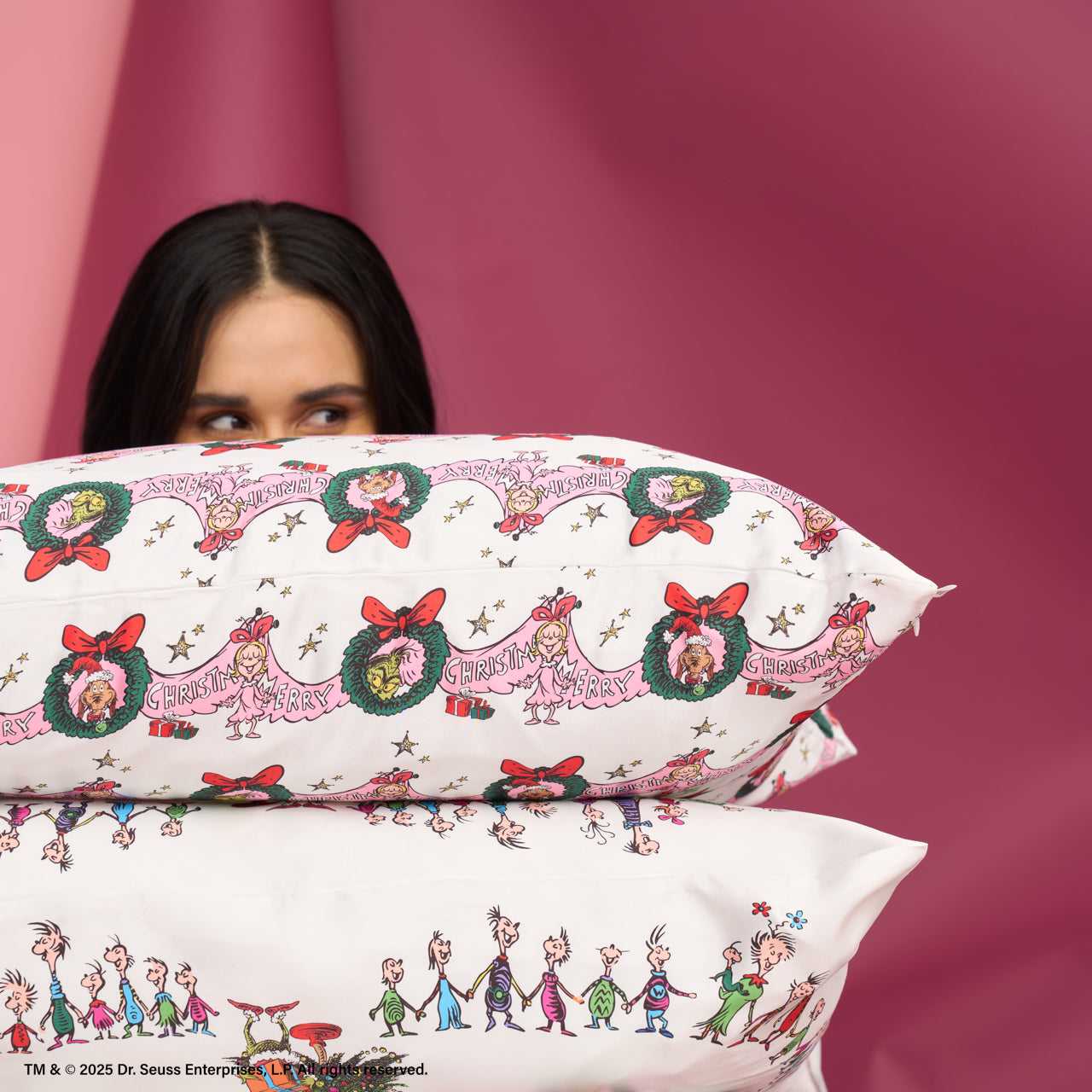 503240-503257-503226-503233-TheGrinchxKitsch-Standard_KingSatinPillowcase-CindyLouWho-Whoville-Model-1280x1280px_5a94a925-9930-4e0a-bbac-71271df1a008