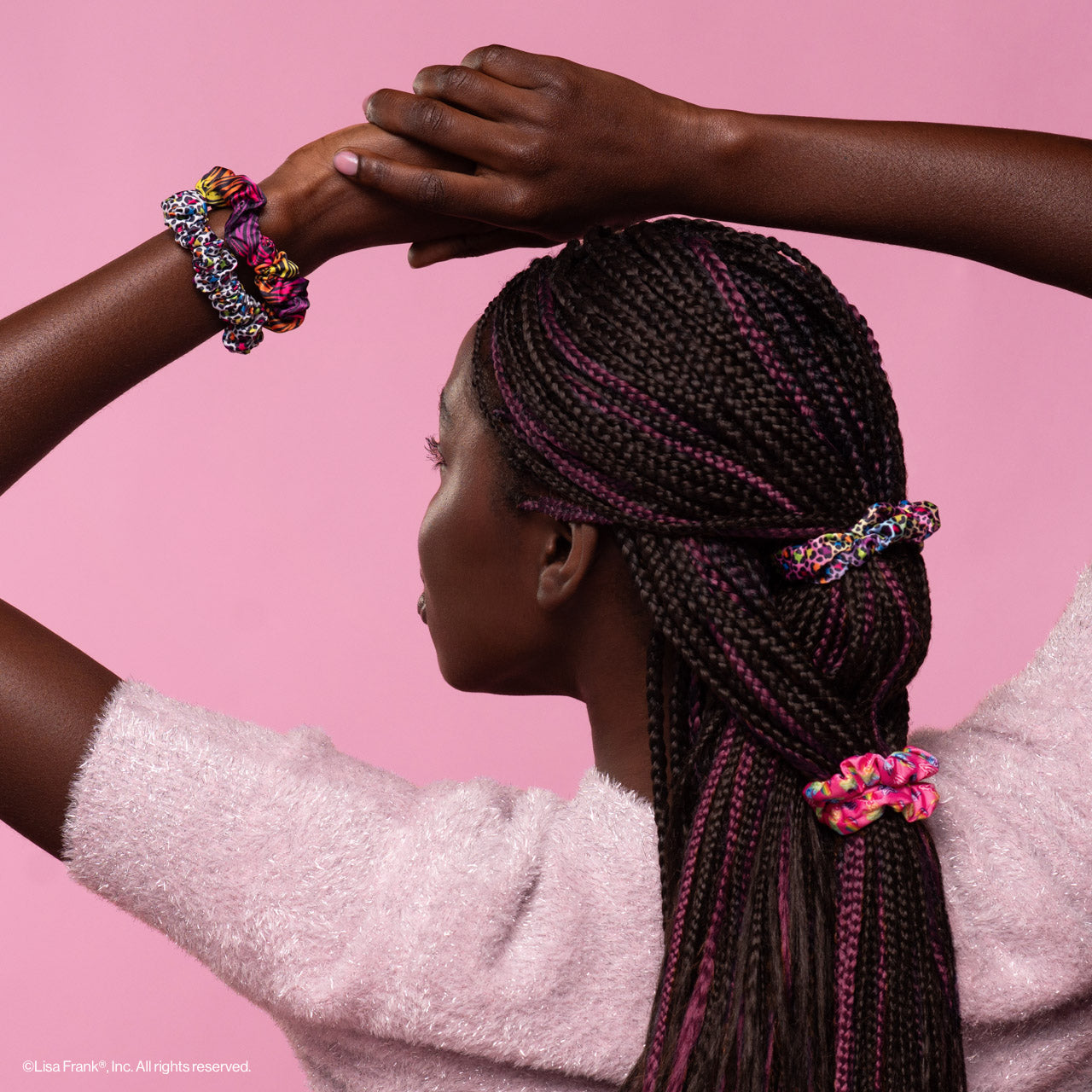 503486-LisaFrankxKitsch-RuchedSatinScrunchies-4pc-RainbowLeopard-Model-4-1280x1280px