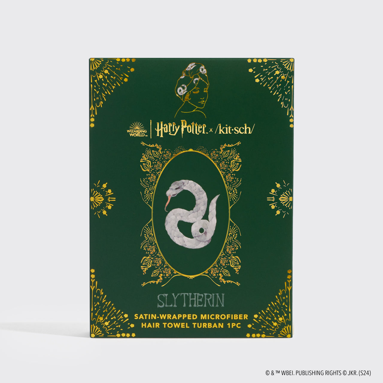 66741-HarryPotterxKitsch-SatinWrappedHairTowel-Slytherin-pkg-1280x1280px